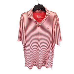 FG Tech Red White Striped Polo Shirt Size Large Made in USA Lighthouse Logo